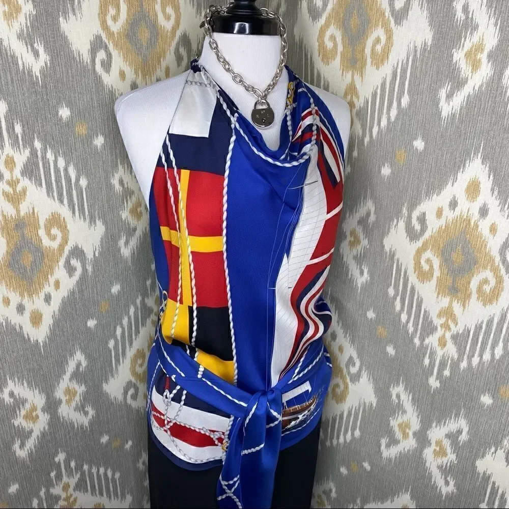 Ralph Lauren Multi Regatta Yacht Silk Scarf Silver Link Necklace Halter Top - Picture 9 of 16